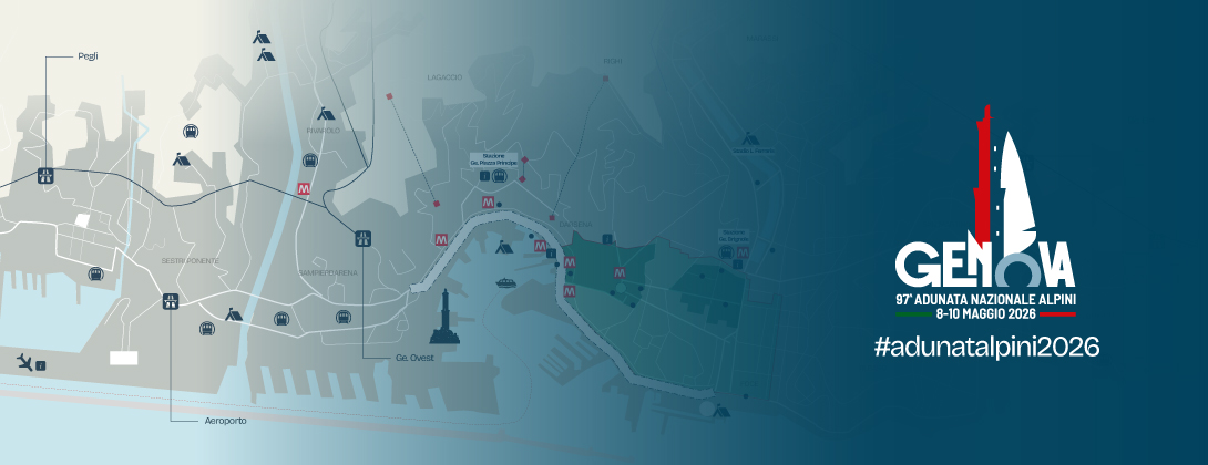 Manifesto dell’Adunata Nazionale Alpini 2026 a Genova con logo stilizzato della città e testo “97ª Adunata Nazionale Alpini, 8-10 maggio 2026, #adunatalpini2026”.