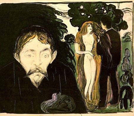 Munch, Gelosia - 1907 - Un uomo e una donna che parlano e il volto di un uomo ch