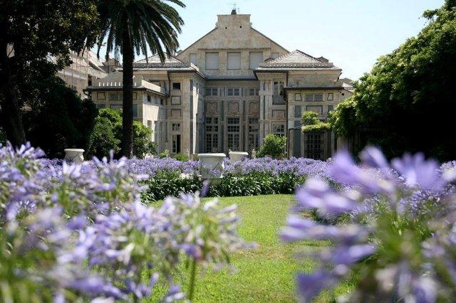 Palazzo Lomellino e il giardino con il glicine in fiore