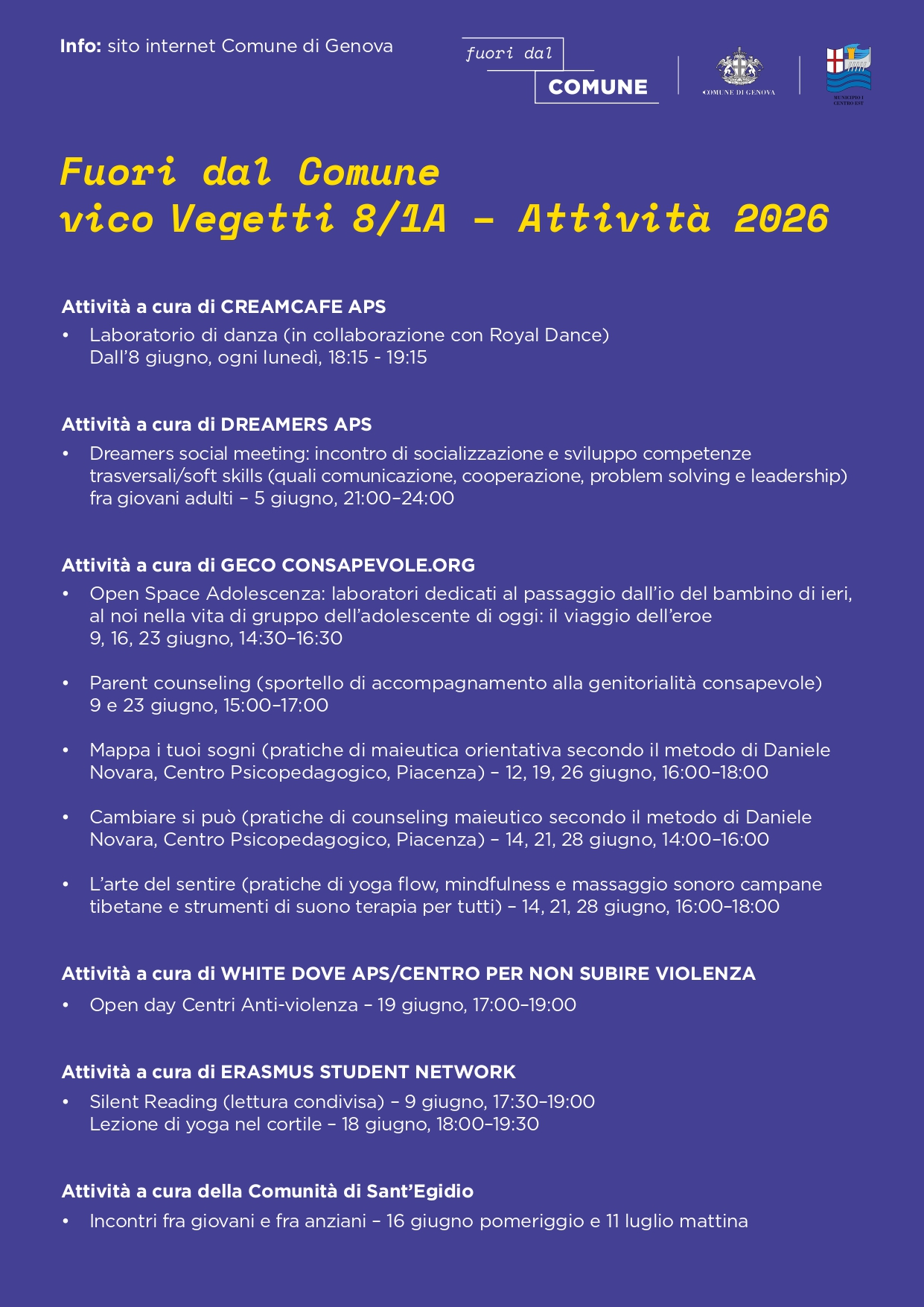programma attività Vico Vegetti 8/1A
