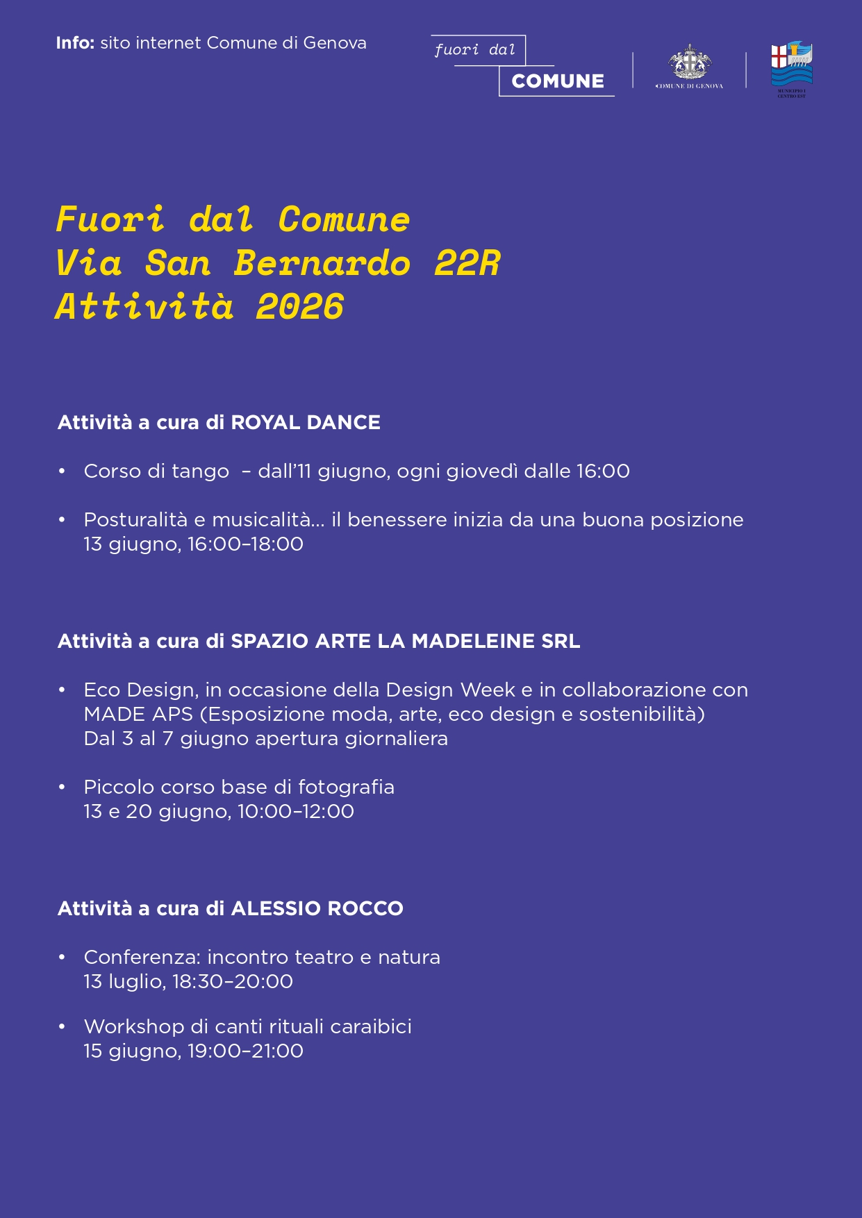 Programma attività Via di San Bernardo 22r